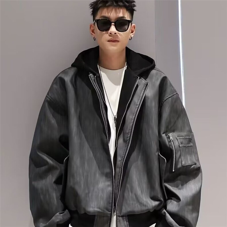 JK8539-P77高级黑灰色纹理拉链连帽假两件皮夹克男款街头宽松,男装夹克,电商B323A
