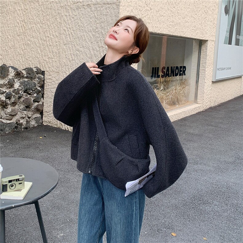 2B1142120P230K320甜美立领休闲宽松短款羊绒大衣韩版配包女装,女装毛呢外套,2B114