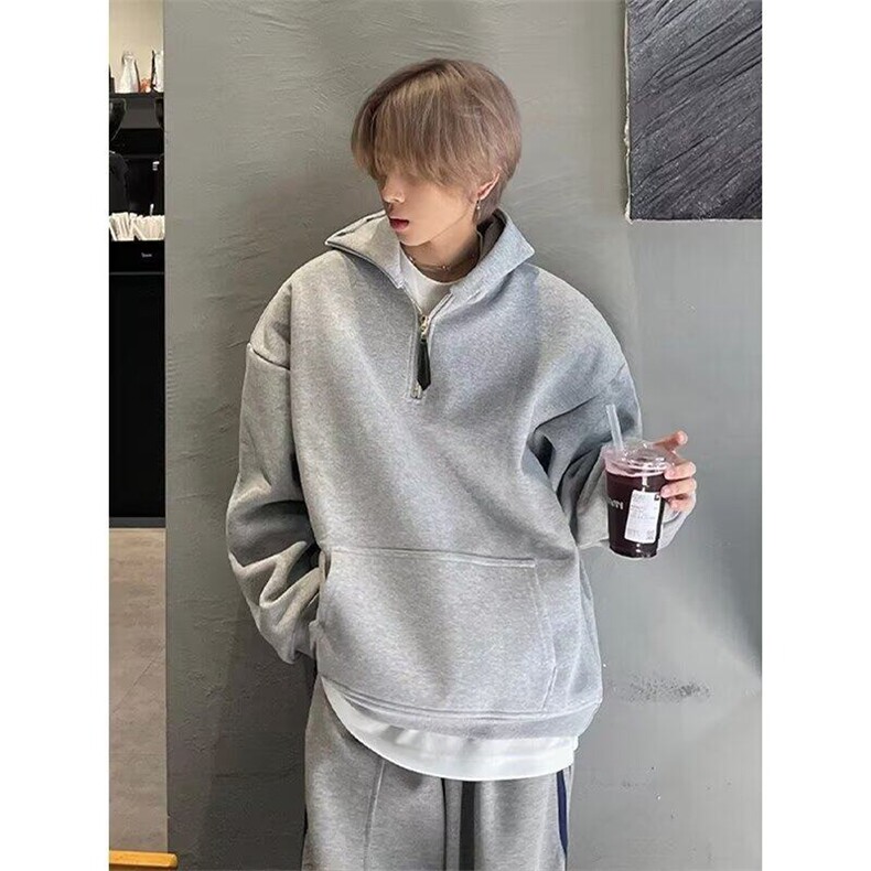 潮牌美式复古纯色半拉链连帽卫衣男女款秋冬宽松外套WJ59,男装卫衣,星座1116A（原606A-3）