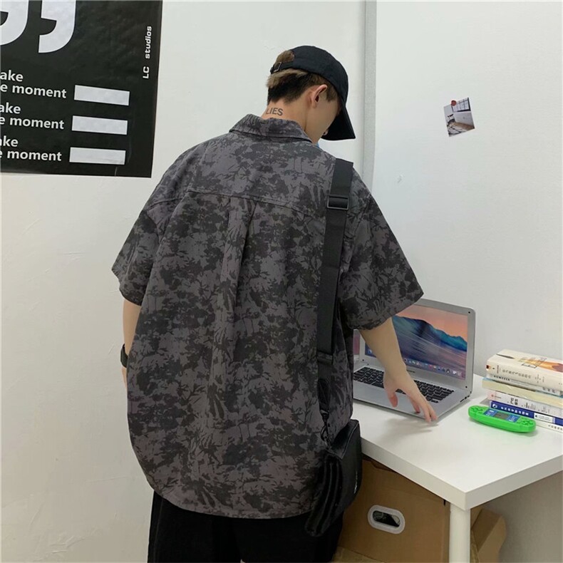 夏季扎染短袖衬衫男韩版潮流宽松ins半袖衣服港风帅气衬衣c66-p35图片