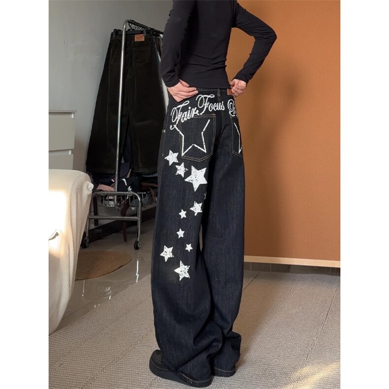 穿美式复古字母印花弯刀牛仔裤男女宽松街头辣妹亚比裤子，男装牛仔裤，四季星座505