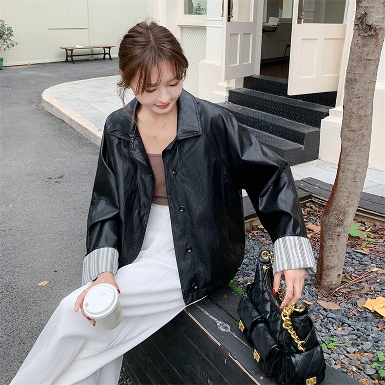 条纹拼接翻领黑色皮衣外套女春秋2025新款小个子PU夹克爆款高级感,女装短外套,2C087