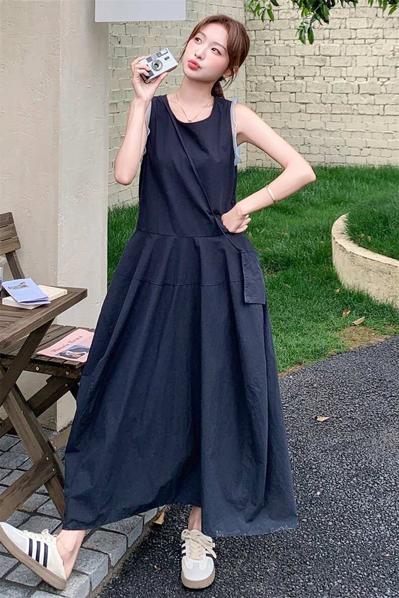设计感薄纱拼接深蓝色无袖连衣裙女2025夏季轻熟风气质淡人背心裙,女装连衣裙,纯色衣恋