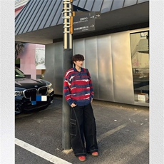 美式潮流慵懒复古宽松翻领条纹毛衣男士百搭帅气小众上衣MY419，男装针织衫/毛衣，星座208-5