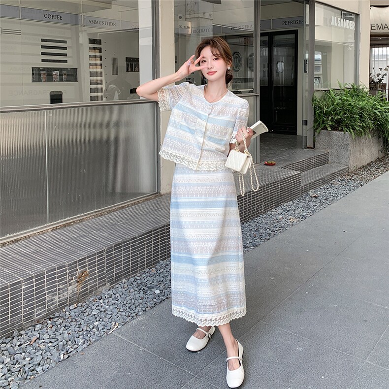 法式小香风蕾丝套装裙女2025夏季新款名媛气质温柔风半身裙两件套,女装套装/套裙,2C205