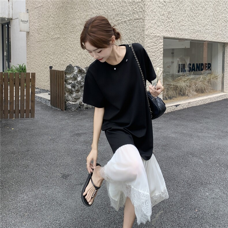 设计感通勤风蕾丝花边拼接连衣裙女夏季2025新款别致简约淡人长裙,女装连衣裙,秋水欣儿