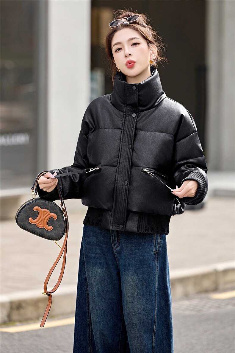 复古机车pu皮衣派克服白鸭绒羽绒服女冬新小个子加厚面包服短外套,女装羽绒服,意芙