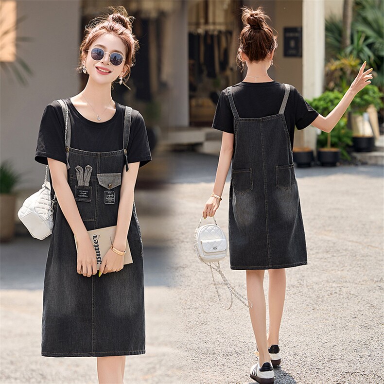 夏季新款时尚休闲背带裙子洋气收腰显瘦小个子假两件牛仔连衣裙女，女装牛仔裙，蓝诺裳