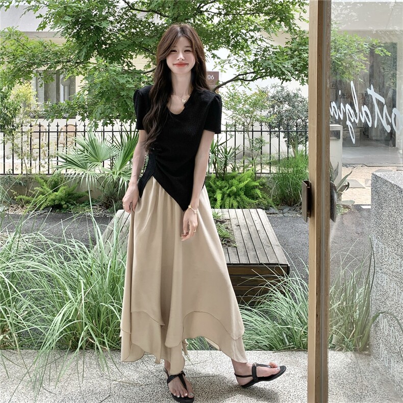 新中式国风不规则盘扣T恤套装裙女2025夏季新款高腰半身裙两件套图片