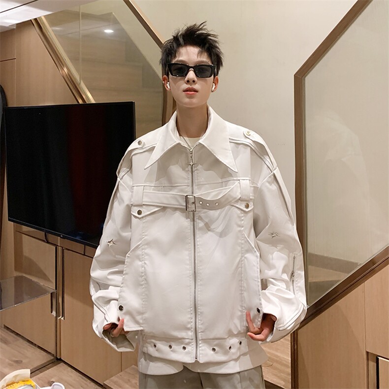 美式复古高街白色皮衣外套男春秋款潮牌小众高级感短款机车服夹克,男装夹克,星座410-7