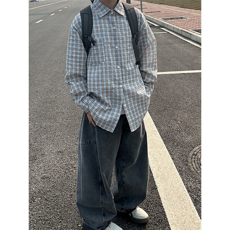 2026春夏款泡泡纱格子长袖衬衫高品质格子衬衫复古外套CS259-P45,男装衬衫,星座301C-5