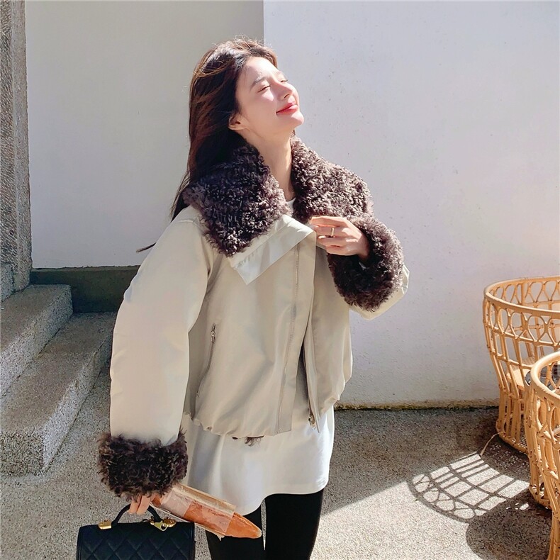 大翻领羊羔毛女冬小个子巨好看加厚工装外套,女装羊羔毛/颗粒绒,浙宝131