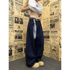 美式复古格子腰带牛仔裤女宽松阔腿裤弯刀裤子NZ172-P50，男装牛仔裤，星座308B-2