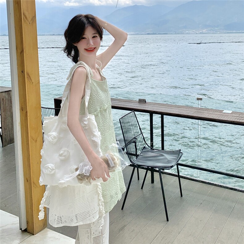 重工绿色镂空无袖吊带蕾丝阔腿裤套装女夏度假风韩里韩气两件套,女装套装/套裙,2D078