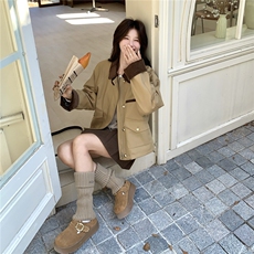 2025秋冬款高级感复古拉链拼接翻领夹棉外套卡其色减龄派克服女，女装派克服，2C159