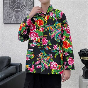 PK01秋新男士唐装东北大花民族风风港风牡丹大花盘扣汉服男装图片