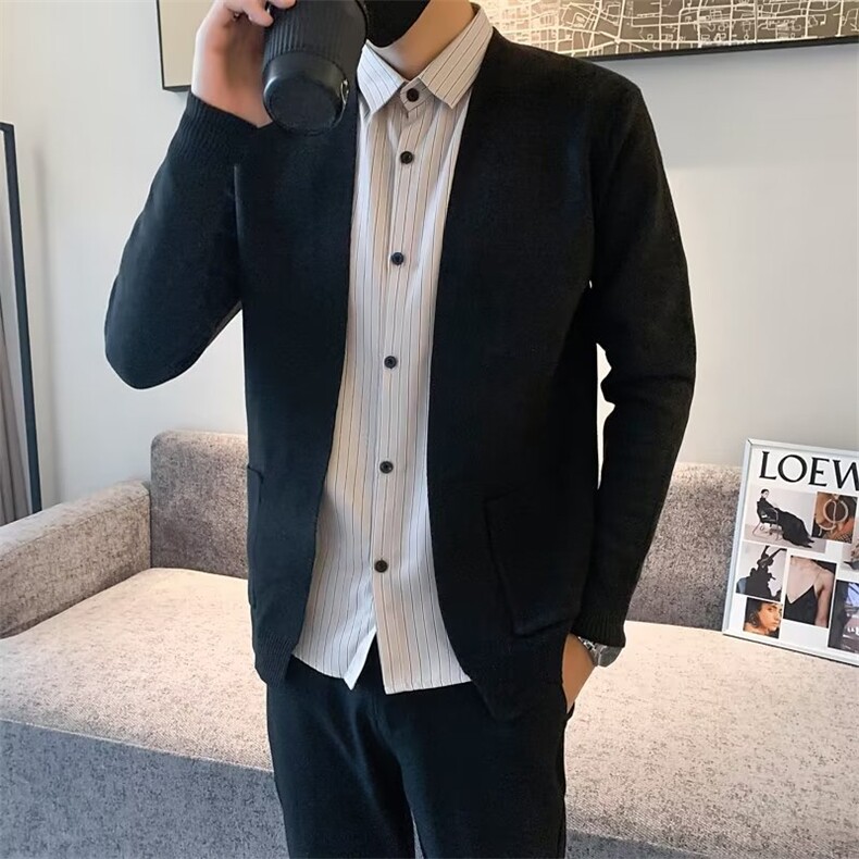 春秋新款男士假两件 针织衫开衫衬衫领毛衣外套两件套韩版潮 Q226图片