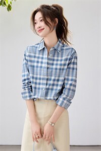 2026春夏新款蓝白格纹衬衫女学院风宽松慵懒风叠穿衬衣透气纯棉