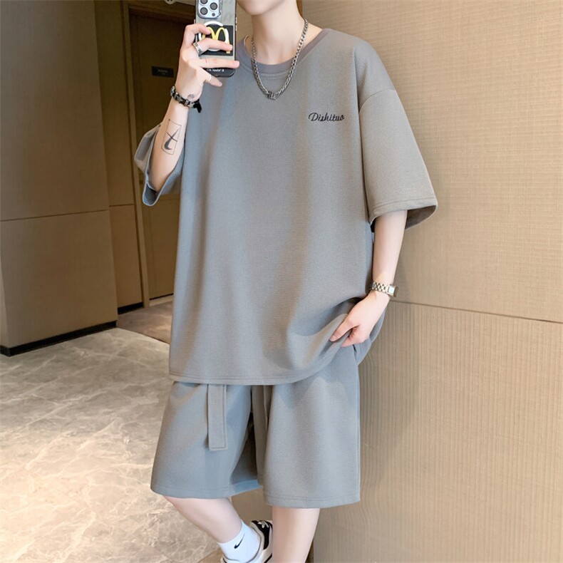 短袖男夏季套装2025新款时尚运动飘带两件套A436-D230-P65,男装休闲套装,电商A436