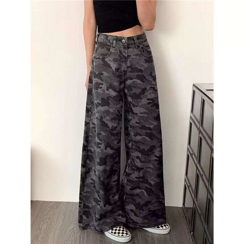 大码胖妹妹美式迷彩工装牛仔裤女阔腿裤梨形垂感拖地裤K6704-P42,男装牛仔裤,星座412-3
