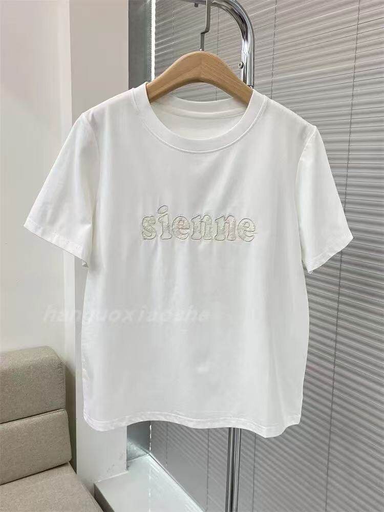 2025早春新款刺绣字母圆领宽松简约短袖t恤休闲舒适上衣，女装T恤，旭友羊绒