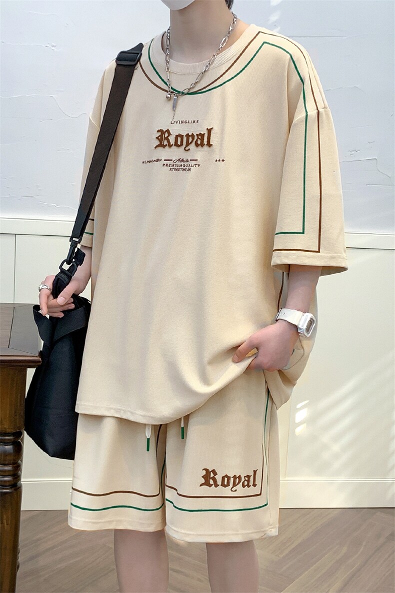 2024夏上新学生印花纯色半袖套装刺绣短裤T恤男女6638-P60控价88,男装T恤,电商A441-1