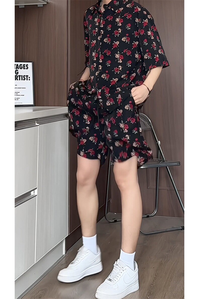 短袖衬衫男+短裤男套装男100%聚酯纤维M-5XL大码TZ78702P50控98,男装休闲套装,星座226-1