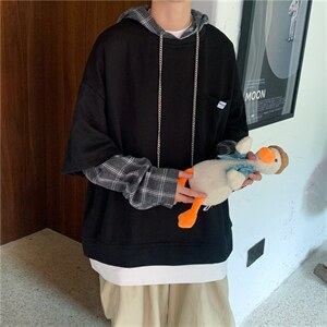 秋季港风chic假两件连帽卫衣男士韩版潮流百搭格子外套wy726-p38，男装卫衣，星座1008-2