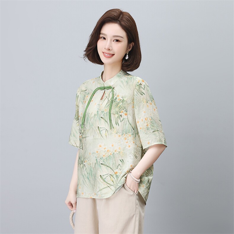 2024年夏季复古花色文艺盘口时尚休闲小衫,女装蕾丝衫/雪纺衫,依恋蒂丝