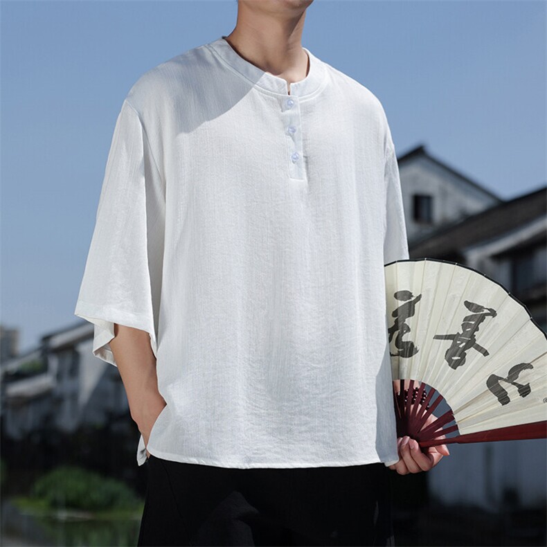 2025夏季风七分袖立领上衣盘扣休闲纯色T恤宽松大码T2510-P60,男装T恤,电商A008