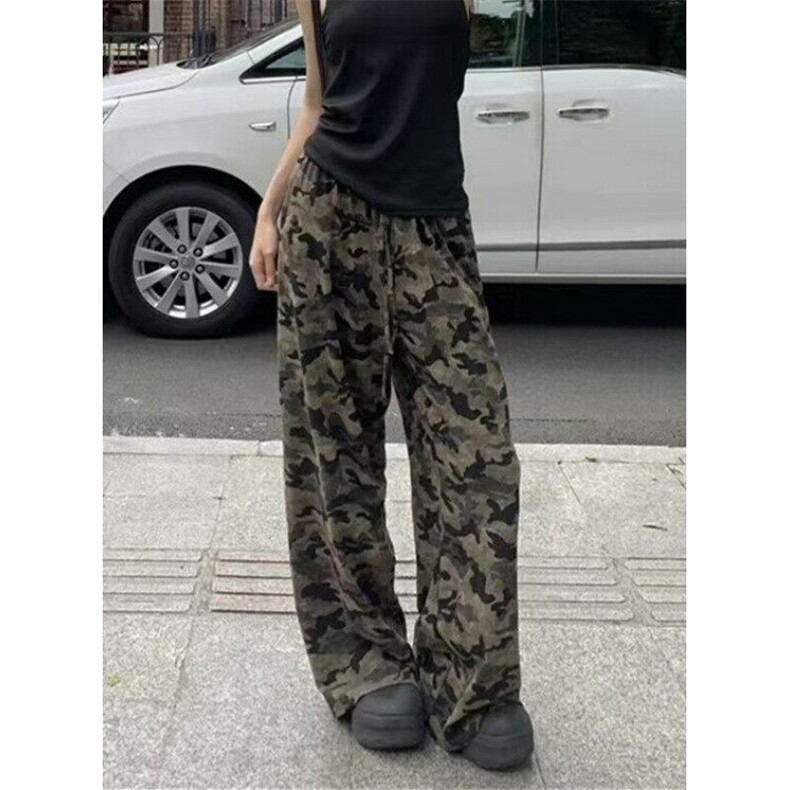 迷彩工装阔腿直筒牛仔裤高腰春季宽松新款显瘦拖地长裤女KD9009,男装牛仔裤,星座1116A（原606A-3）