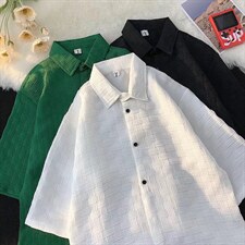 港风纯色波浪纹短袖衬衫男夏装潮宽松休闲衬衣华夫格衬衫C86P36，男装衬衫，星座1116-2