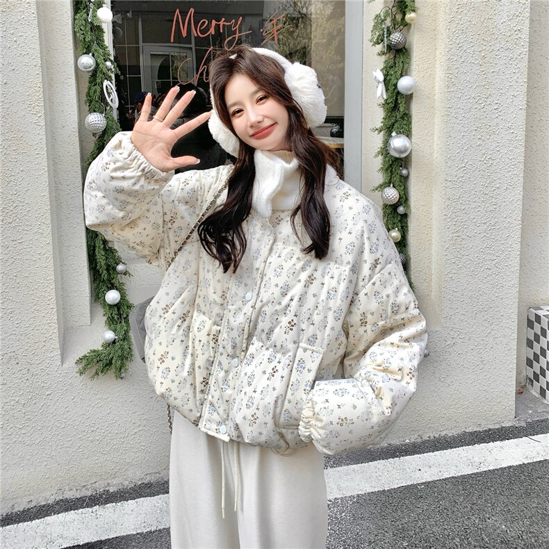 法式温柔风碎花立领短款羽绒服女2025冬季新款加厚保暖面包服外套,女装羽绒服,维壹