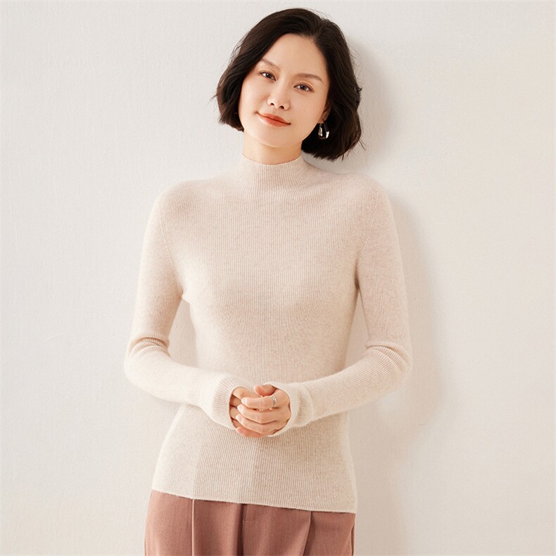 一线成衣无缝软糯感山羊绒衫女半高领抽条修身毛衣针织打底衫上衣,女装羊毛衫,伊绒腾羊绒