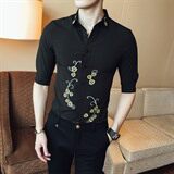 绣花修身型休闲七分袖夏季青春流行潮2021年气质尖领衬衫，男装衬衫，星座419（原A233）