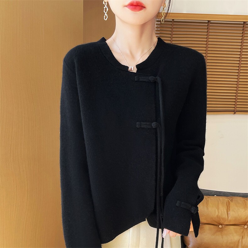 优雅气质秋冬新款简约盘扣羊毛开衫显瘦百搭时尚外套，女装羊毛衫，狄美羊绒
