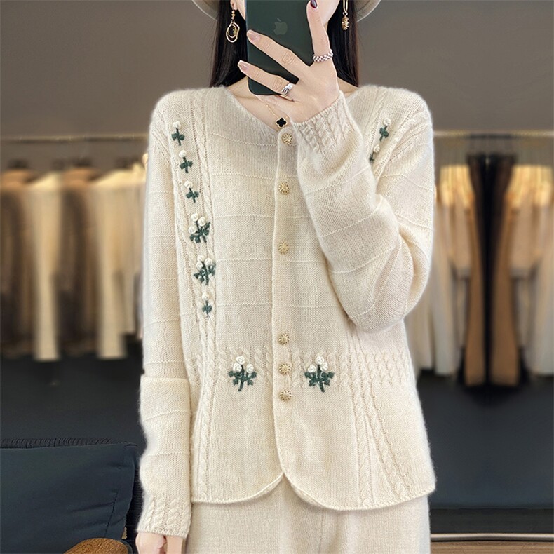23秋冬新款100羊绒开衫女圆领拼色重工钩花针织宽松羊毛毛衣外套,女装羊毛衫,江南羊绒