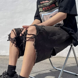 美式高街牛仔中裤潮牌复古做旧水洗破洞宽松六分短裤男女EC12-P43图片