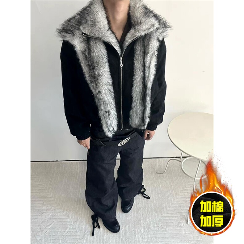 现货高品质美式高街重磅狼王座山雕毛毛领假两件棉衣加厚棉服外套，男装棉衣，电商A443