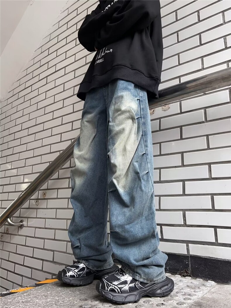水洗牛仔裤男女设计感高腰宽松阔腿坠感拖地长裤子8056P53,男装牛仔裤,星座410-2