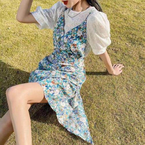 初夏新款镂空提花加碎花吊带连衣裙，女装背心吊带，艾丽贝儿