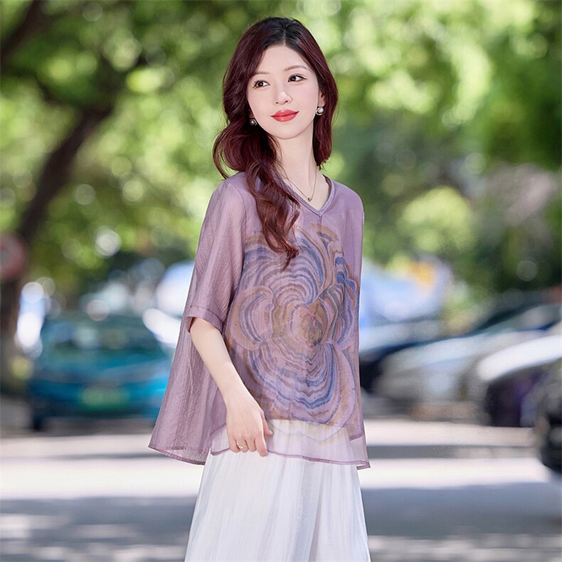 现货！夏季新款2025套装女简约时尚优雅气质天丝麻料印花上衣,女装衬衫,涵墨