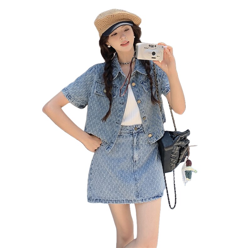 韩版俏皮减龄钩花牛仔套装女2025夏季新款显瘦上衣a字短裙两件套,女装套装/套裙,2C107