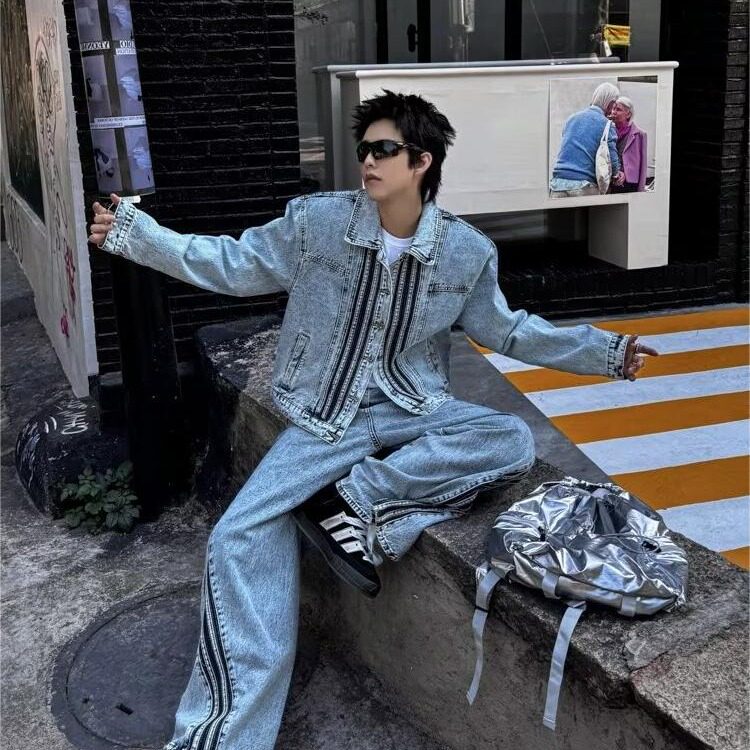春秋韩系高街水洗牛仔外套男士三条杠氛围感造型师穿搭上衣夹克潮,男装工装外套,星座1210-1