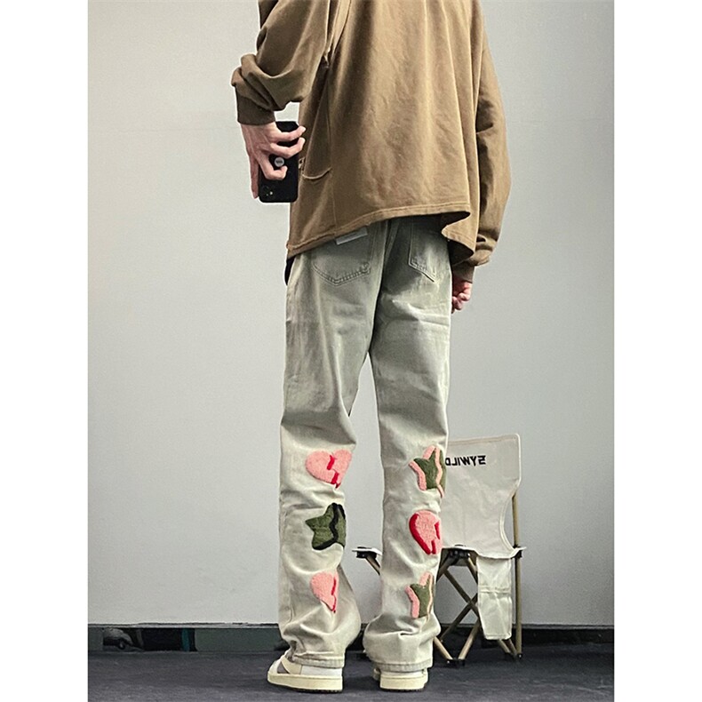 B221美式ins高街暗黑小众情侣毛巾绣直筒牛仔裤LK23021-P65控88,男装牛仔裤,电商B221