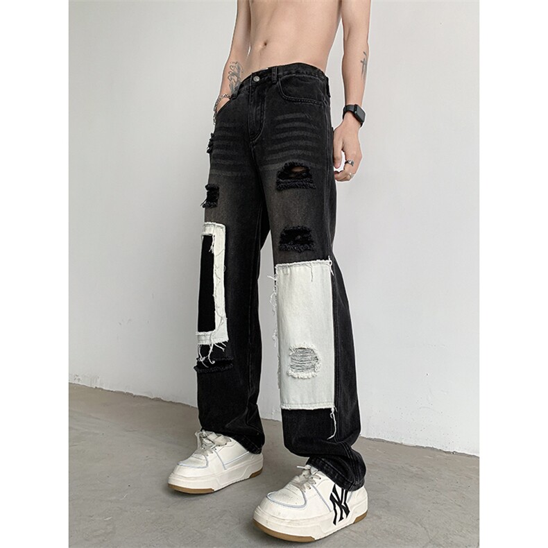 B221美式ins高街小众个性拼接宽松破洞牛仔裤LK23099-P65控88,男装牛仔裤,电商B221