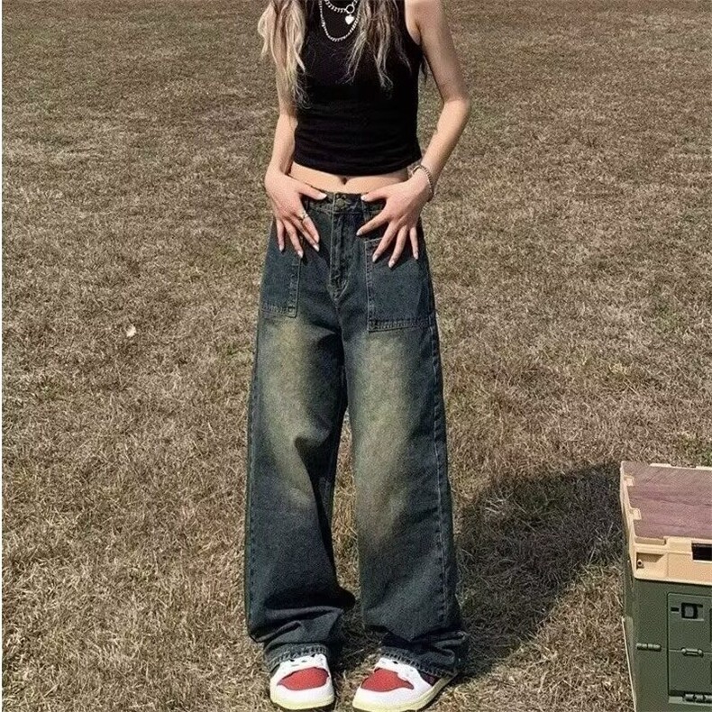 美式高街复古做旧蓝色多口袋设计感牛仔裤男女宽松直筒阔腿裤,女装牛仔裤,星座506A