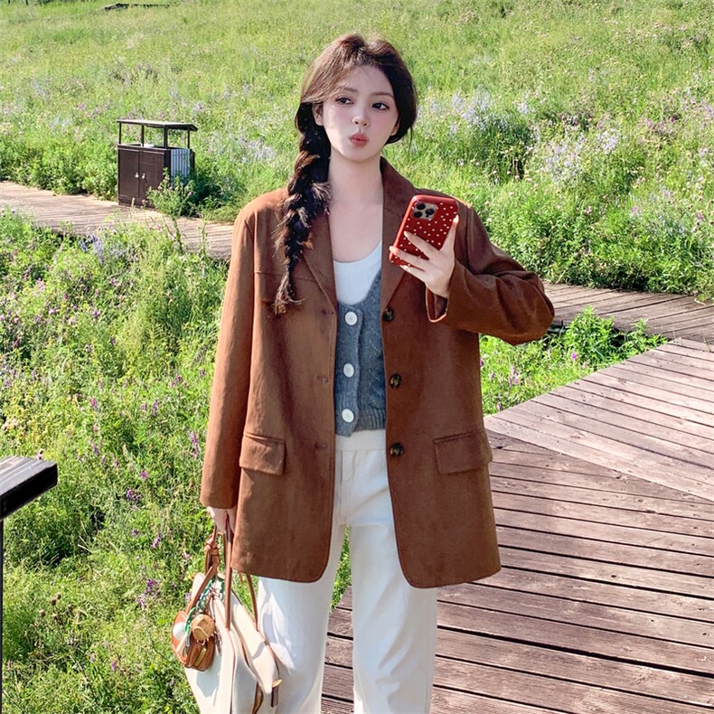 美拉德复古麂皮绒西装外套女2025春秋季新款气质小个子休闲小西服,女装西装,2C087