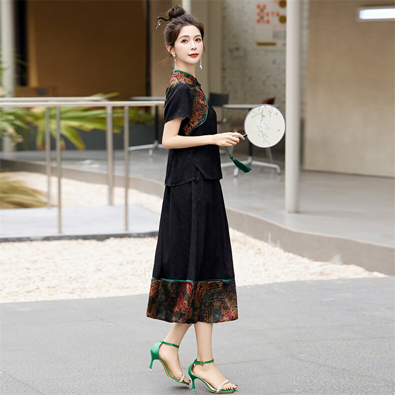 现货香云纱仿真丝套装女高端品牌2024夏季新款短袖印花高级减龄轻奢,女装连衣裙,然然