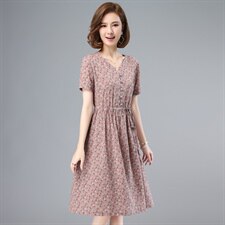 2021夏季新款时尚优雅气质减龄V领抽绳系带收腰碎花连衣裙，女装连衣裙，鑫鑫格
